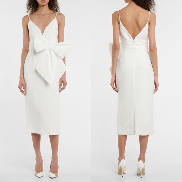 ANTHROPOLOGIE REBECCA VALLANCE GENEVIEVE BRIDAL BOW V-NECK SHEATH MIDI DRESS - Picture 3 of 17